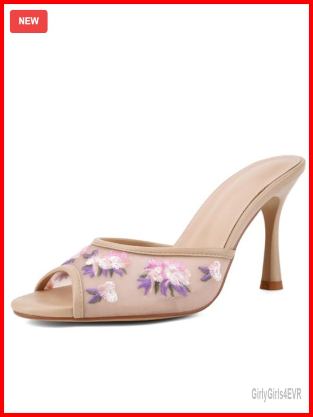 Faux Leather Kitten Heel Mules Embroidered Open Toe Slip On Heeled Sandals